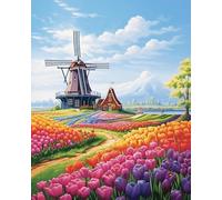 SonGxu Peinture détaillée par numéro pour les adolescents,Moulin à vent dans un champ de fleurs hollandais,Explorez l'expérience créative de l'art numérique,40x50cm,Sans Cadre