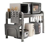 Sonhomay Support extensible pour four à micro-ondes avec support de planche à découper et 6 crochets - Étagère réglable pour ustensiles de cuisine - Organiseur pour grille-pain, four et machine à pain