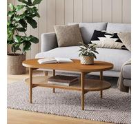 Sonia Bohemian Table basse ovale à 2 étages avec étagère de rangement et pieds du milieu du siècle en bois marron miel avec accents en rotin