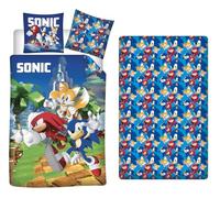 Sonic Parure Lit 3 Pièces 140x200 + Taie 63x63 + Drap 90x190 Knuckles Tails | Housse de couette + drap-housse 90x190 | Microfibre séchage rapide | SEGA officiel | Enfant & ado | Cadeau | Idée cadeau
