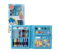 Sonic Set de papeterie colorée pour garçons et filles - Mallette bleue avec aquarelles, feutres et crayons de couleur, avec autocollants et accessoires de dessin, idéal pour travaux manuels et cadeau