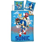 Sonic The Hedgehog Parure de Lit Enfant 100x135 cm + Taie 40x60 cm - 100% Coton - Housse de Couette Réversible avec Sonic, Tails & Knuckles - Officiel - Bleu