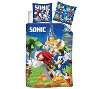 Sonic The Hedgehog Parure de Lit Enfant - Housse de Couette 140x200 cm et Taie d'oreiller 63x63 cm - 100% Polyester Ultra Doux - Fermeture à Boutons - Certifié Oeko-Tex - Motif Sonic Tails Knuckles