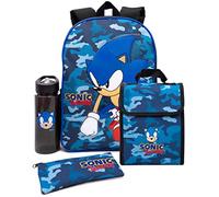 Sonic The Hedgehog Sac à dos pour garçons | Trousse d'école motif camouflage bleu marine | Bouteille d'eau | Marchandises de jeu, bleu, Taille unique, Sac à dos tyrolien