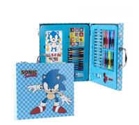Sonic the Hedgehog Set de coloriage pour garçons et filles - Trousse à dessin bleue avec poignée, comprend des marqueurs, crayons, cires, autocollants, ciseaux et règle, licence officielle, cadeau