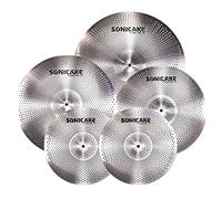SONICAKE Cymbales à faible volume 14" HiHat+16" Crash+18" Crash+20" Ride jeu de cymbales mèche 5 pièces argent