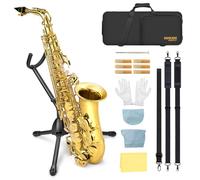 SONICAKE Saxophone Alto Mi bémol Vernis Or, Kit complet pour débutant avec étui, bec, anches, support & accessoires QSX-01