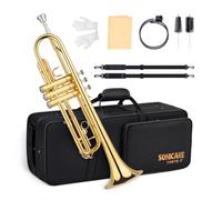 SONICAKE Trompette Bb Standard pour Débutants, Trompette Étudiante en Laiton Doré avec Étui Rigide, Embouchure 7C, Kit de Nettoyage & Gants QTP-01
