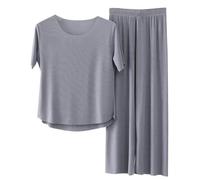 Sonnena Doux et Confortable Ice Silk t - Shirt à Manches Courtes Lot de Deux Pantalons Larges Jambes, Ensemble Pyjama pour Femmes, t - Shirt Large Jambes Pantalons Larges Lot de Deux