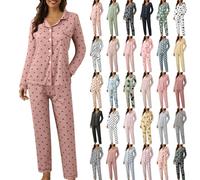 Sonnena Ensemble Pyjama Femme - Manches Longues Col en V Boutonné Vêtements de Nuit Confortable Souple Pyjamas Femmes 2 Pcs léger Mode Automne et Hiver Pyjama Coton Femme