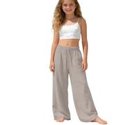 Sonnena Pantalon en Lin Fille Été, Pantalon Léger Coton Lin Taille Élastique, Pantalon Ample avec Poches Taille Haute Chic et Décontracté Enfants 4-15 Ans