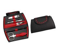 Sonnenschein by Hans Kniebes - Kit de manucure 6 pièces - Ciseaux à ongles, lime, pince à épiler, tige à sabot, nettoyant, coupe-ongles - Kit de soin des ongles - Étui en cuir de vachette noir/rouge