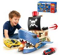 Sonnenspark Voiture de course 4 en 1 requin avec 8 voitures | Voitures dévastatrices, voitures de course avec deux pistes, canons de pirate, parking, cadeau pirate pour enfants à partir