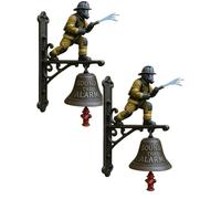 Sonnette commémorative - Thème pompier avec motif bouche d'incendie - Métal durable et résine coulée, support mural de 25 cm, carillon fort pour maison, clôture, terrasse (2 pièces)