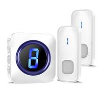 Sonnette de porte électrique sans fil étanche avec 2 boutons sans fil à piles, 55 mélodies, 5 niveaux de volume et affichage du numéro flash LED, blanc