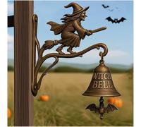 Sonnette de sorcière unique en forme de balai à chevaucher des sorcières - Série de sonnette de bienvenue d'Halloween - Carillon vintage en fonte - Figurine murale fantaisie à suspendre - Décoration
