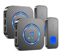 Sonnette sans Fil, 400M Sonnette Portée Exterieur Étanche Electronique, Carillon avec 2 Récepteurs Enfichables pour la Maison, LED Bleu, 55 Mélodies, 5 Volumes (2 noir récepteur + 2 noir émetteur)