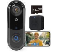 Sonnette vidéo 1080p avec carte SD 32 Go, Wi-Fi 2,4 GHz,étanchéité IP65, vision nocturne, détection humaine par IA, stockage cloud