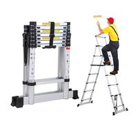 Sonnewelt Échelle télescopique pliante 2 m + 2,3 m - 6 + 7 marches - Cadre A - Multifonction - En aluminium - Pour réparation de toit Argenté