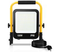 Sonnewelt Projecteur de Construction à LED Lampe de Chantier 1 x 100W 10000LM Lampe de Travail IP66 LED étanche 6000K Blanc Froid avec Prise, Support Pliable pour l’intérieur et l’extérieur