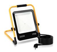 Sonnewelt Projecteur de Construction LED 1 x 200W 16000LM Lampe de Travail Portable IP66 Lampe de Travail étanche Spot 6000K Blanc Froid, Support Pliable pour Chantier, Atelier, Garage