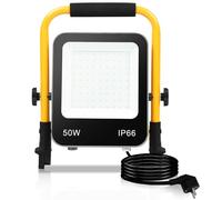 Sonnewelt Projecteur de construction LED 1 x 50W 5100LM Lampe de travail portable IP66 Projecteur de lampe de travail étanche 6000K blanc froid, support pliable pour chantier, garage