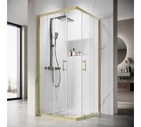 SONNI Cabine de douche d'entrée d'angle avec porte coulissante, 70 x 70 cm, verre de sécurité ESG 5 mm, paroi de douche avec revêtement nano, sans receveur de douche, dorée