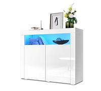 SONNI Commode blanche brillante avec éclairage LED - Buffet blanc avec 2 portes - Largeur : 120 cm