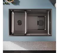 SONNI Évier de cuisine, 70 x 44 cm, en acier inoxydable 304SUS, 1 bac encastrable avec panier d'égouttement, filtre à déchets rectangulaire et bonde, 3 trous pré-percés, côté étroit, noir