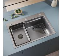 SONNI Évier de cuisine, 70 x 48 cm, en acier inoxydable 304SUS, 1 bac encastrable avec panier d'égouttement, filtre à déchets triangulaire et bonde, 3 trous pré-percés, côté large, argenté