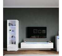 SONNI Meuble de salon, meuble bas 180 x 35 x 30 cm + vitrine 55 x 35 x 172 cm avec LED 12 couleurs