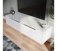 SONNI Meuble TV à suspendre Blanc brillant 140 x 35 x 30 cm avec éclairage LED TV Lowboard Meuble TV Design sans poignée pour votre salon
