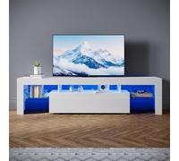 SONNI Meuble TV moderne de 180 cm, blanc brillant avec éclairage LED, tiroir, étagères en verre ouvertes, pour TV jusqu'à 65" salon et chambre à coucher, 180 x 35 x 45 cm