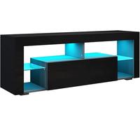 SONNI Meuble TV Noir Brillant, Éclairage LED 12 Couleurs Réglables, Porte Rabattable, Étagère en Verre, Design Sans Poignée, 140 x 35 x 50,5 cm