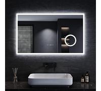SONNI Miroir de salle de bain LED 100 x 60 cm avec éclairage blanc froid 6400 K Miroir mural avec interrupteur tactile, horloge, température, grossissement 3 fois