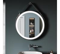 SONNI Miroir de salle de bain rond 60 cm avec éclairage LED, 3 températures de couleur, intensité variable, fonction mémoire, interrupteur tactile, anti-buée, ceinture en cuir réglable, miroir de