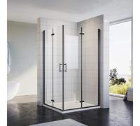 Sonni Paroi de douche 180° - Entrée d'angle - 80 x 100 cm - Noir - Porte pliante - En verre nano de 6 mm - Hauteur : 195 cm - Porte pivotante