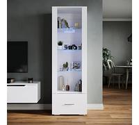 SONNI Vitrine en verre avec éclairage LED noir/blanc, façade brillante, avec 4 étagères et 1 tiroir. Vitrine sur pied, vitrine de salon, 550 x 350 x 1720 mm (l x P x H), GSC001W-A+GSC001W-B-1