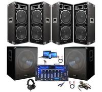 IBIZA SOUND LIGHT - Sono 5600W Total avec 1 Table de Mixage DJM102BT BLUETOOTH USB - 2 Caissons de Basses Amplifiés 1600w Total - 4 Enceintes 4000w Total - Micro, Casque Dj + Câbles Offerts