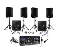IBIZA Sound Light - Sono Mix DJ 2800w avec 4 Enceintes Sono 1200w Total - 2 Caissons Amplifiés 1600w Total - 1 Table de Mixage DJM250BT-MKII - 4 Pieds Enceinte - Câbles, Micro et Casque DJ offerts