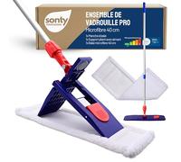 SONTY Balai serpillière 40 cm - Balai avec Support magnétique, Frange Microfibre 40 cm & Manche télescopique en Aluminium | Mop Professionnel pour commerces, Restauration & sols durs