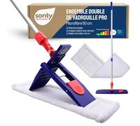 SONTY Balai serpillière Professionnel 50 cm Set de 2 - Balai Plat avec Support magnétique, Franges Microfibre 50 cm & Manche télescopique alu - pour Professionnels, Restauration & sols durs