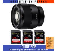Sony FE 85mm f/1.8 + 3 SanDisk 128GB Extreme PRO UHS-II SDXC 300 MB/s + Guide PDF 20 techniques pour réussir vos photos