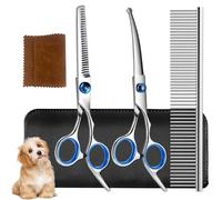 Soodyoow Kit de Toilettage Chien Professionnel 5 en 1, Ciseaux de Toilettage pour Chiens avec Pointe de Sécurité, Ciseaux Courbe, Lisse et Démêlant pour Chiens et Chats