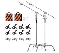 SOONPHO Lot de 2 Supports en C Stand Trépied Robuste en 100% Acier Inoxydable Support de Lumière avec 130cm kit Bras de Support,Grip Head,Clips pour Godox AD200 Pro SK400 Aputure(Argent)