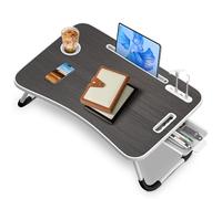 Soontrans Plateau de Lit, 60 x 40 x 28 cm, Table de lit avec Porte Gobelet, Tablette Support, Tiroir, Poignée, Support Ordinateur Portable Lit pour Lit, Canapé, Sol, étude, Travail, Pliable(Noir)