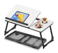 Soontrans Plateau de Lit 63 x 27 x 33 CM, Table de lit avec Porte Gobelet, Réglable en Angle, Pliable, Support Ordinateur Portable Lit en MDF pour Canapé, Sol, Plateau Inclinable(Blanc Chaud)