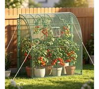 Soontrans Serre de Jardin, Serre adossée Équipée de Fenêtres avec Moustiquaire et d’Un Film PE Alvéolé, Protège du Vent, de La Pluie et du Soleil, 200×100×210CM, Vert