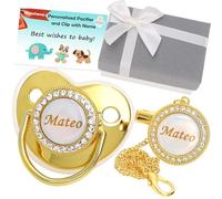 Soother personnalisée avec nom, bling suf-soother Clip Set avec carte de voeux de boîte actuelle, Crystal Crystal luxueux mannequin idéal pour garçons Baby Shower Newborn Photography (Argent)
