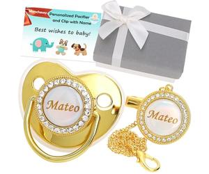 Soother personnalisée avec nom, bling suf-soother Clip Set avec carte de voeux de boîte actuelle, Crystal Crystal luxueux mannequin idéal pour garçons Baby Shower Newborn Photography (Argent)